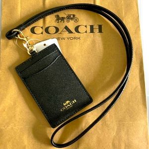 Coach Black Leather ID holder gold hardware detachable Lanyard New with tags!